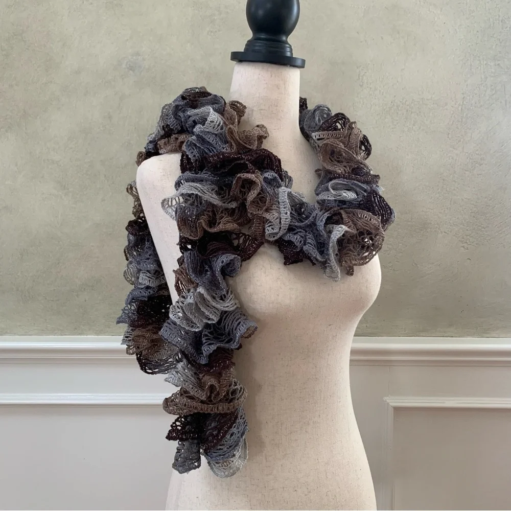 Artisan Ruffled Crochet / Knit Scarf Neutral Brown & Gray